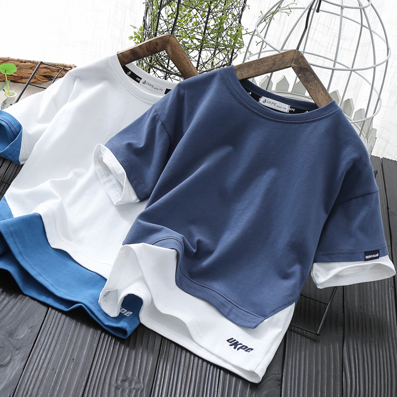 South Korean children's pure cotton round collar pure color fake two short sleeves CUHK child summer new half sleeve boy loose T-shirt