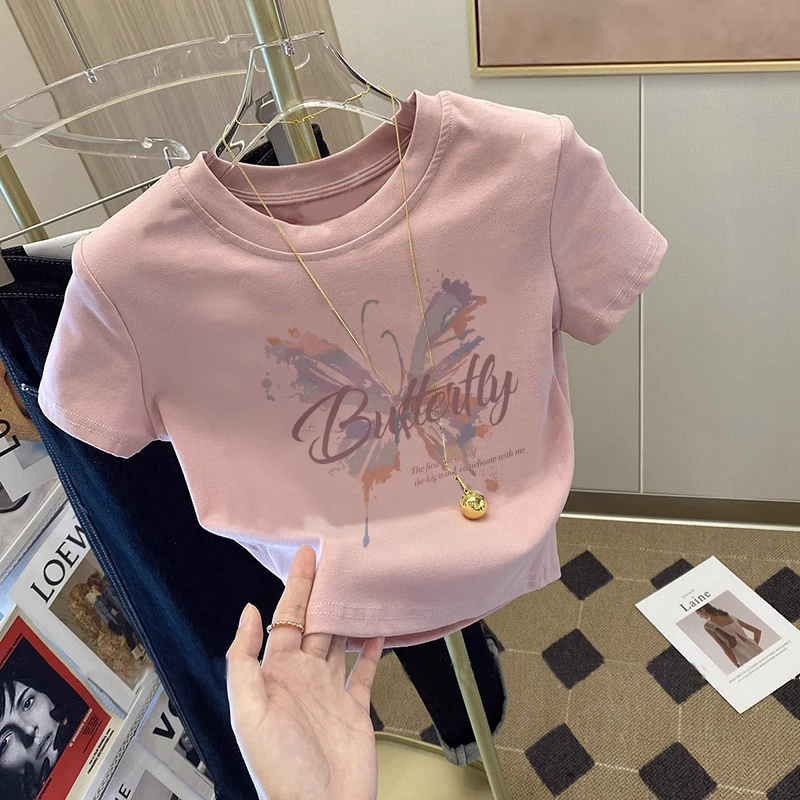 Pink Summer Dopamine Sweet and Spicy Pretty Butterfly Top Slim Fit Slimming Cropped Waist-Baring Short T-Shirt Short Sleeve Women
