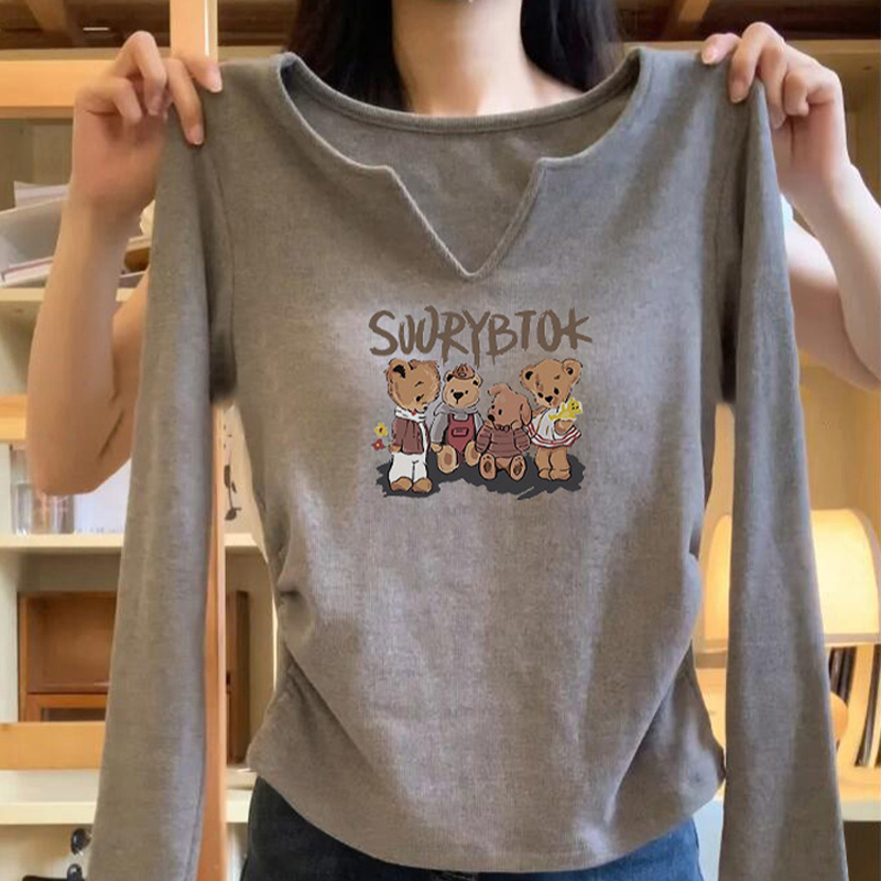 Gray Small V-Neck Long-Sleeve T-Shirt for Women with Bear Print, Ruched Waist, Thickened, Warm, Pure Cotton Base Shirt for Women