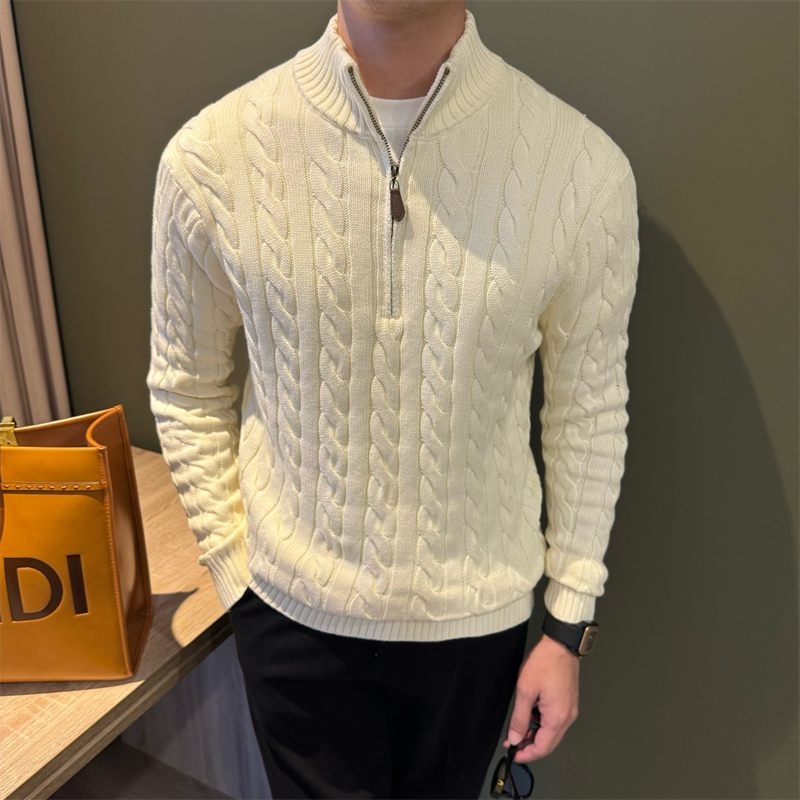 Mr. Nr [100% Cotton] Vintage Half-Zip High-Neck Autumn/Winter Sweater, Warm Old Money Style Cable Knit Men's Knitwear