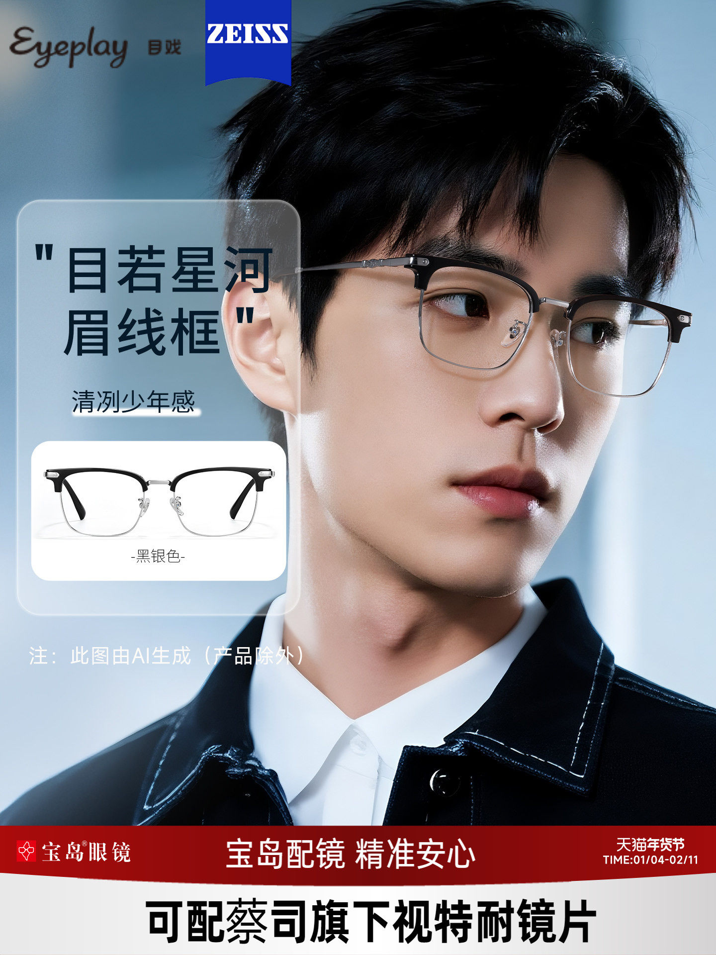 Myopia Glasses Can Be Fitted with Zeiss Prescription Lenses, Optional Blue Light Blocking, Half-Frame Eyeglass Frames for Men 71009