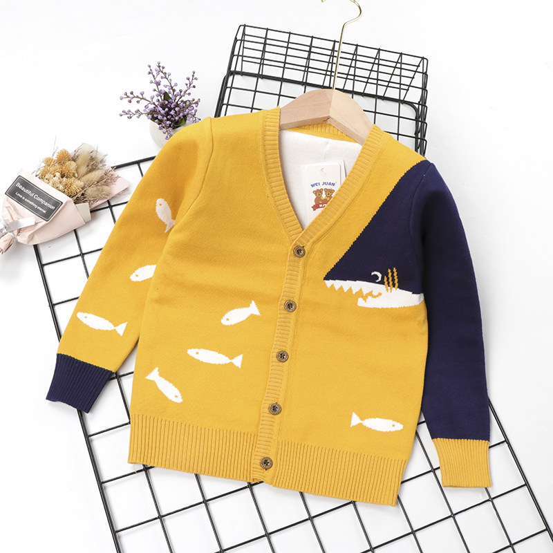 Baby boy spring autumn winter sweater 2022 new children's cartoon shark yellow jacket contrast color cardigan sweater