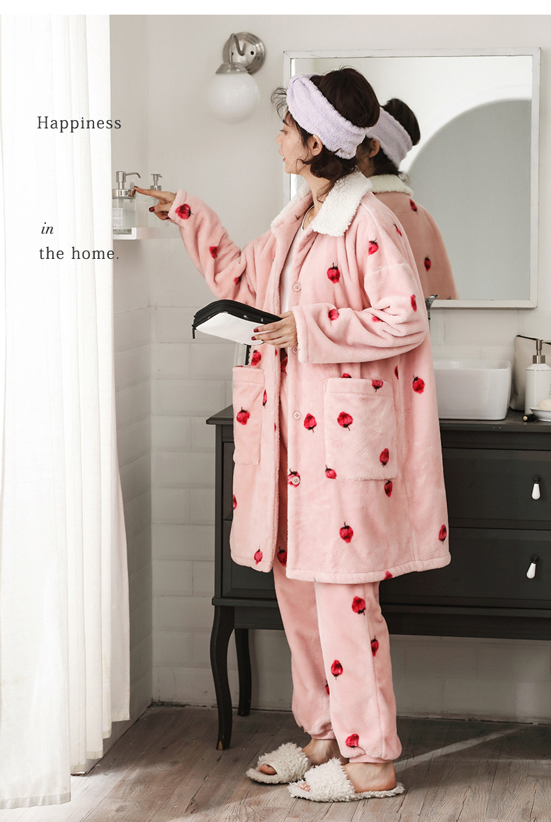 Mùa đông nhung san hô nhung nữ đồ ngủ ngọt ngào dâu nữ dày flannel Phiên bản Hàn Quốc của phần dài của hai mảnh ấm áp đồ ngủ phi bóng