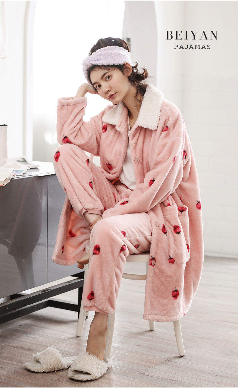 Mùa đông nhung san hô nhung nữ đồ ngủ ngọt ngào dâu nữ dày flannel Phiên bản Hàn Quốc của phần dài của hai mảnh ấm áp đồ ngủ phi bóng