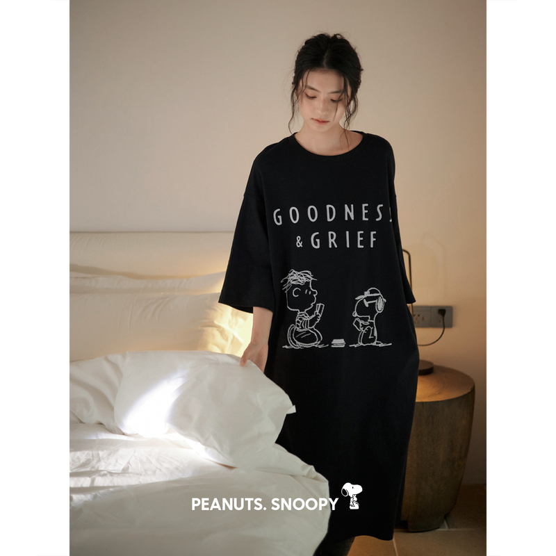 Beiyan Snoopy Pajamas for Women, Summer Thin Cool Cotton Mid-Sleeve Nightdress, Lazy and Loose Black Dress for Girls