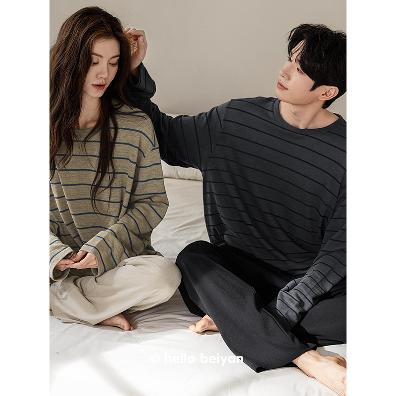 Beiyan Couple Pajamas for Women, New Spring and Autumn Soft Cotton Long-Sleeved Loose Loungewear, Casual Striped Men's Plus-Size Set