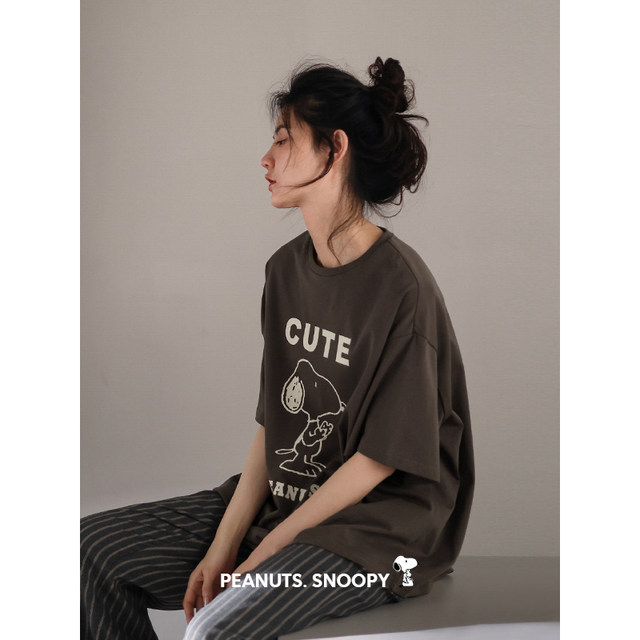 Beiyan Snoopy Couple Pajamas ແມ່ຍິງ Summer ບາງໆເຢັນແບບຜ້າຝ້າຍເຮືອນເຄື່ອງນຸ່ງຜູ້ຊາຍແຂນສັ້ນ Pants Set