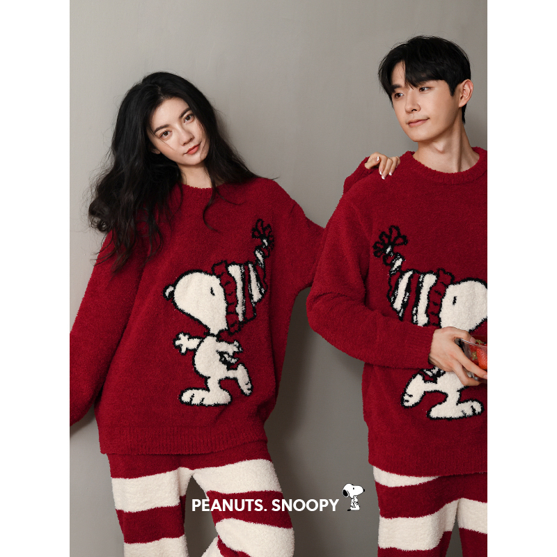 Beiyan Winter Christmas Couple Coral Fleece Pajamas Snoopy Men and Women Newlywed Red Warm Half-Fleece Homewear