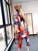 Elegant summer Ramie retro fashion Western style Casual personality printed V-neck top Elastic three-point pants linen suit