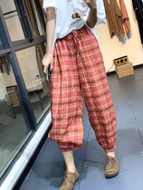 Elegant summer retro casual original color grid loose large size plaid drawstring halon pants drawstring hemp pants women