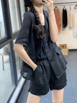 Elegant summer fashion temperament female lapel double-breasted small suit elastic waist shorts hemp suit female