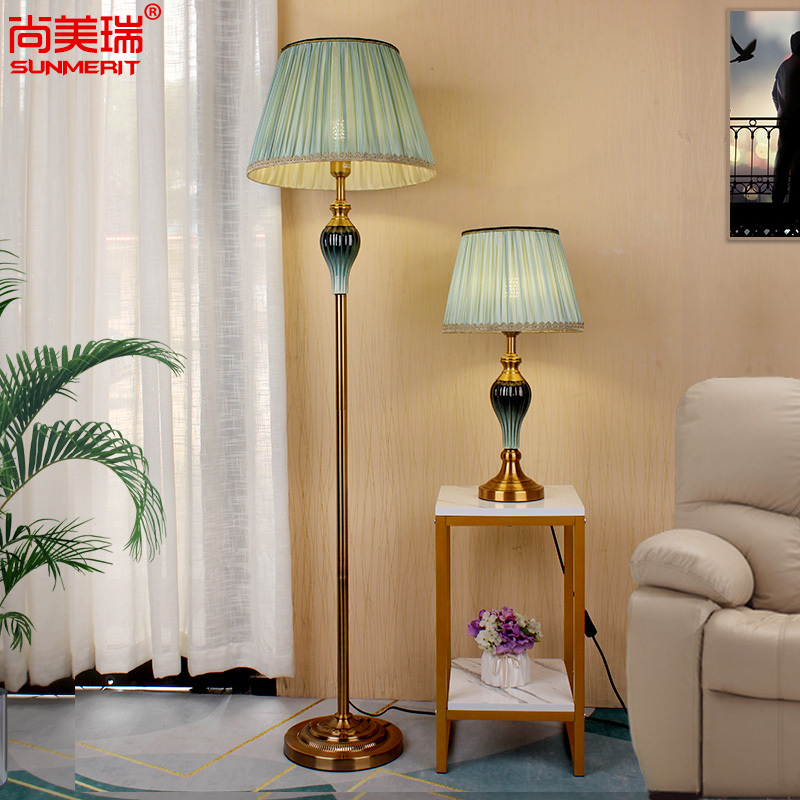 American Floor Lamp Living Room Bedroom Table Lamp Bedside Fabric Vertical Ceramic Chinese Retro Decoration Remote Control Green