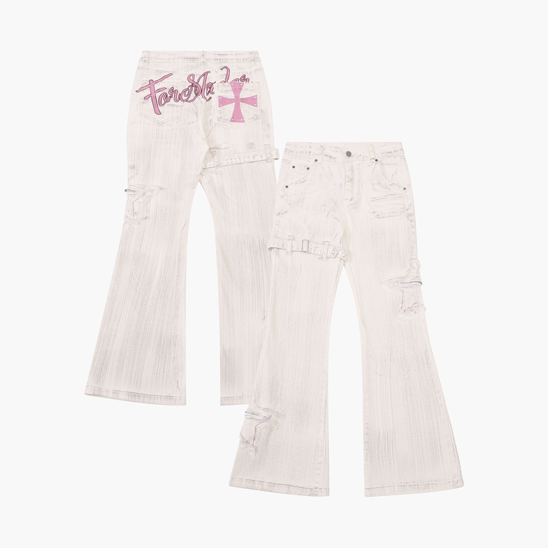 Prmr Y2K Shibuya Hot Girl Style Tie-Up Flared Pants Women's Distressed Wash Flared Pants with Ribbon Embroidery Restraint Jeans