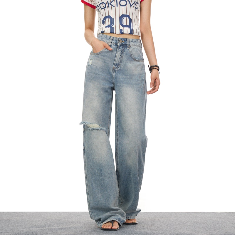 Ywmwjeans American Retro Washed Ripped Wide-Leg Pants for Men and Women, National Trend Straight-Leg Pants, Jennie Style Jeans