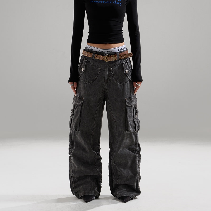 Prmr Retro Punk Cargo Pants for Men and Women with Multiple Pockets, Distressed Rivets, Drawstring Straight-Leg Long Pants, Cargo Gardener Pants