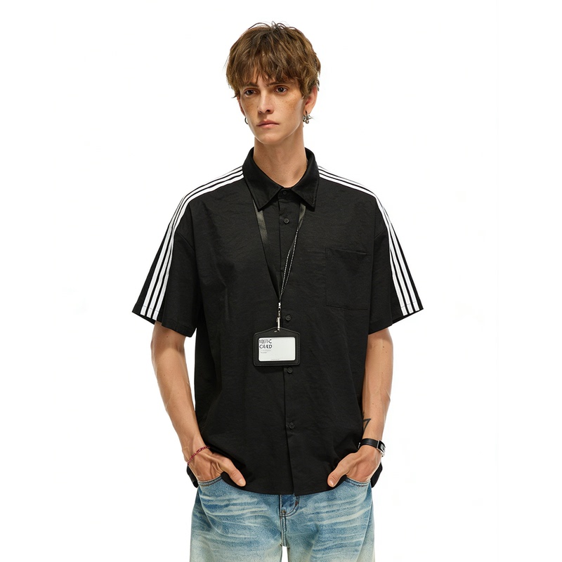 Nevermind Summer Retro Sports Short-Sleeved Shirt for Men and Women, Loose Three-Stripe Lapel Casual Half-Sleeved Shirt