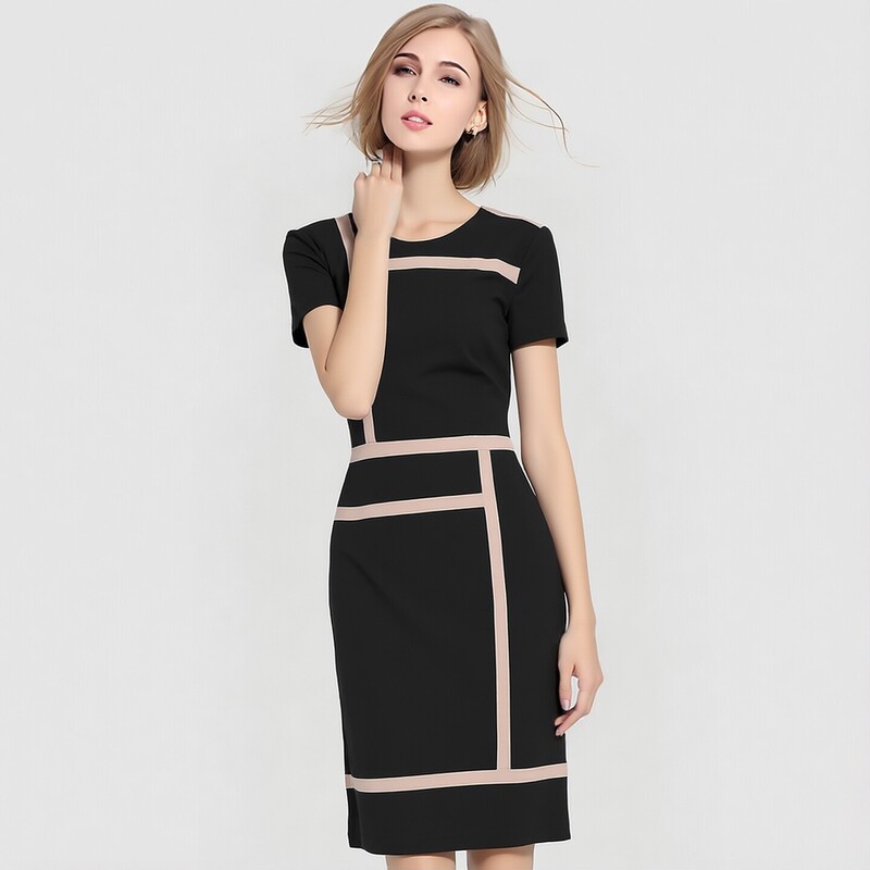 High-End Plus-Size Women's Sleeveless Spring and Autumn Black Striped Professional Slim-Fit Dress Short-Sleeve Summer Style