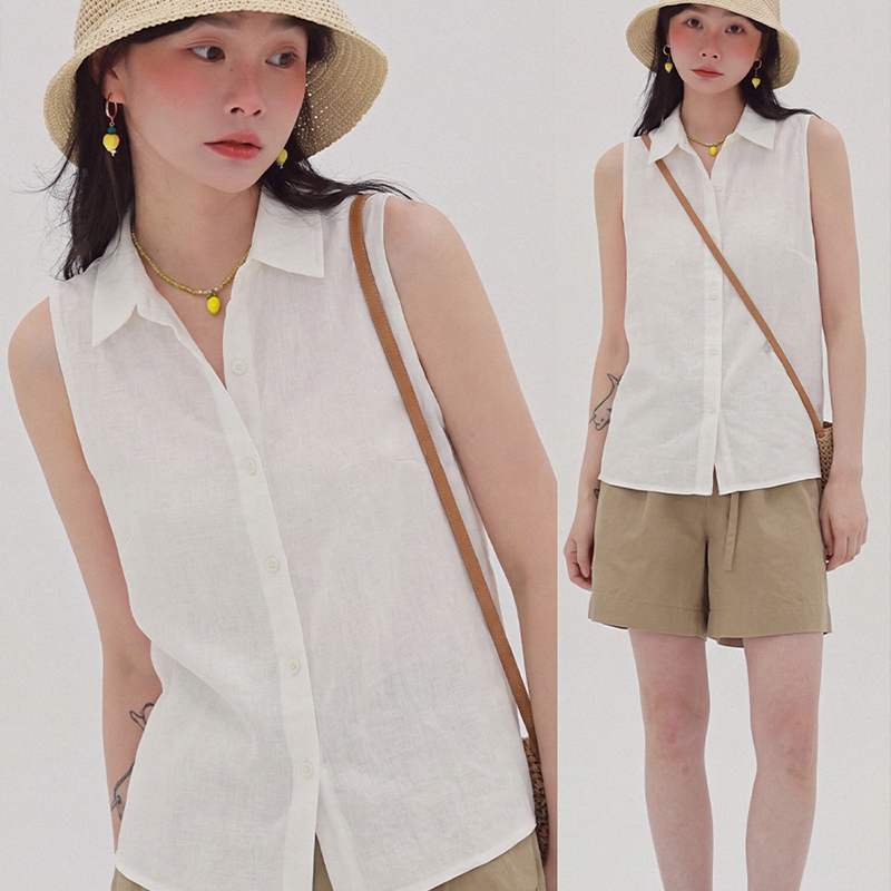 Korean-Style White Lapel Sleeveless Shirt for Women, Summer Design, Loose Thin Cotton and Linen Shirt, Elegant Commuter Top Korean-Style White Lapel Sleeveless Shirt for Women, Summer Design, Loose Thin Cotton and Linen Shirt, Elegant Commuter Top