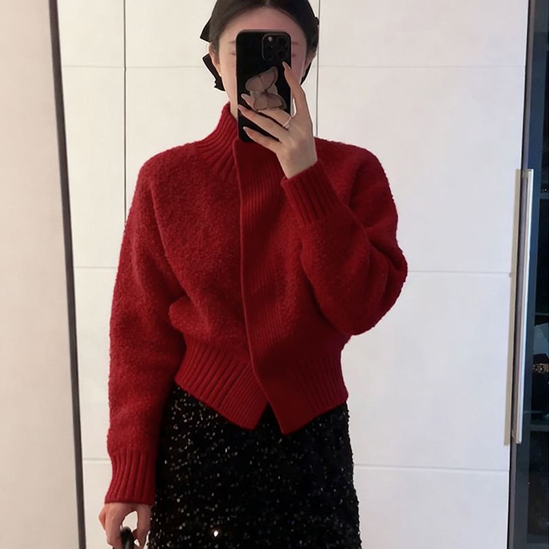 Christmas and New Year Red Turtleneck Sweater Jacket for Women, Autumn and Winter Outerwear, Stylish Slim-Fit Short Knit Cardigan Top