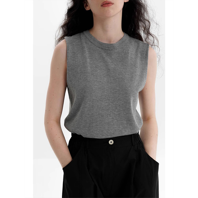 French-Style Ice Silk Gray Linen Knit Vest for Women, Summer Design, Layered, Loose Fit, Slimming, Sleeveless Top