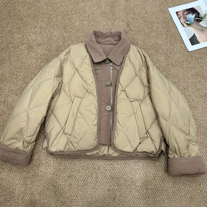 Corduroy Patchwork Lapel Quilted Short High-End down Jacket for Women, 2025 Winter New Style
