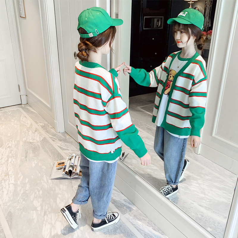 Girl Knit Cardiovert Spring Autumn Children Sweater 2022 New Girl Child Clothing Spring Clothing Korean version of the foreign coat