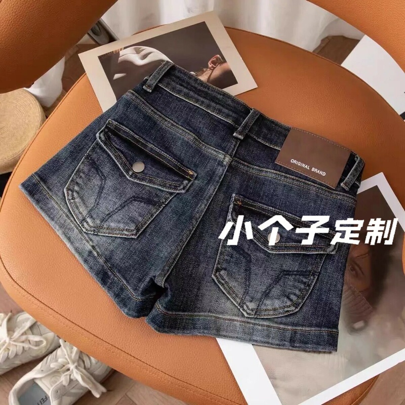 American-Style High Street Vintage Denim Shorts for Women, Petite Size, Embroidered, Low-Waist, Slim Fit, Stretchy, Straight-Leg, Wide-Leg Hot Pants