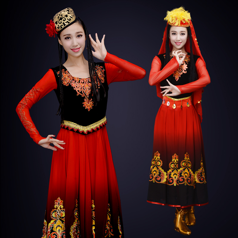 Uyghur dance performance to serve the Xinjiang dance performance stage dress Long version of the red minority stage dress and set system
