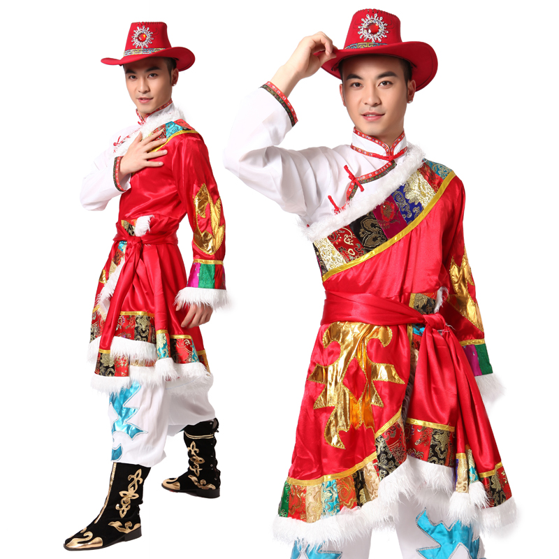 Men's red Tibetan dance costumes Tibetan dance to serve Tibet performance stage dress minority dance suit