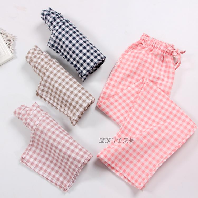 Mùa hè Nhật Bản bông gạc kẻ sọc pajama quần nam giới và phụ nữ mùa xuân và mùa thu phần mỏng kích thước lớn quần nhà giản dị cộng với phân bón quần tây nữ đẹp