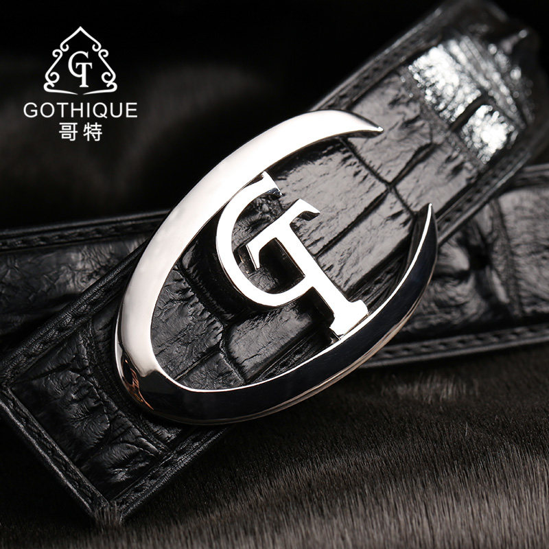 Gothic import bay crocodile belt men's leather 925 silver belt head smooth buckle business high-end light luxury pants belt