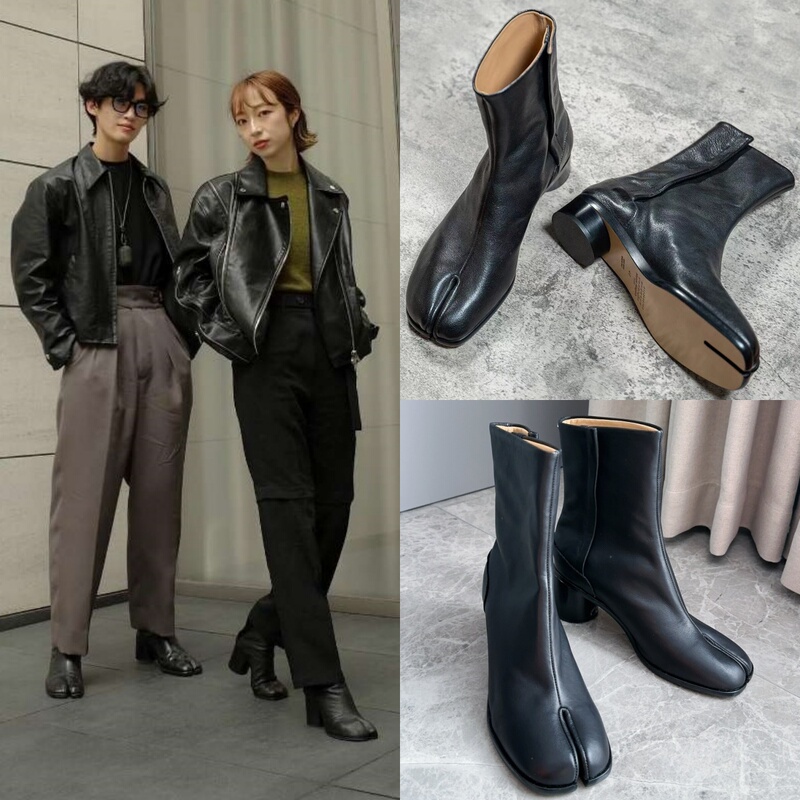 Autumn and Winter M6 Horseshoe Fashion Boots, European and American Style Chunky High-Heeled Mid-Calf Pig's Hoof Short Boots for Women, Genuine Leather Split-Toe Shoes, Sheep's Hoof Tabi for Men