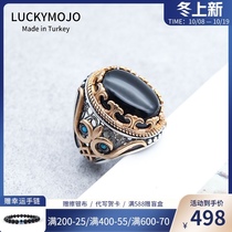 S925 sterling silver ring mens hipster senior sense black agate gem retro ring girl exaggerated index finger ring