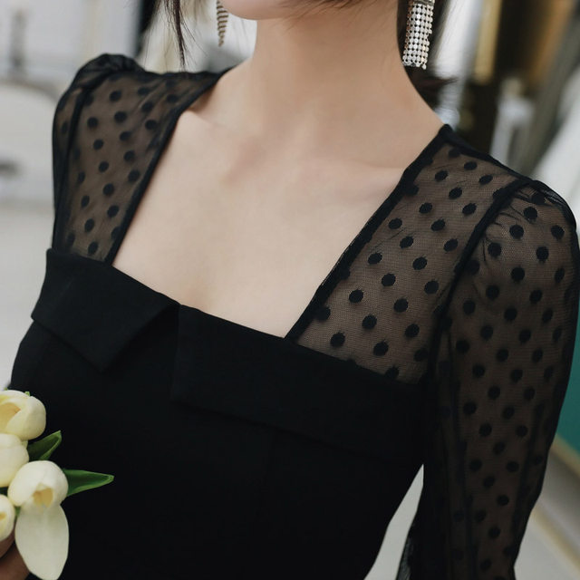 2022 spring new black mesh bottoming fishtail skirt feminine temperament sexy square collar hip dress