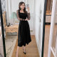 Waist a-line dress over the knee long mesh stitching French retro square collar pleated slim fit niche autumn