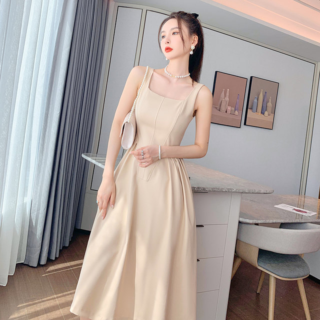 French niche broadband suspender dress champagne color square neck temperament waist chic design skirt female summer