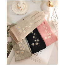 Cashmere gloves women winter plus velvet padded warm winter cycling with spring and autumn touch screen wool daisy cute Korean version