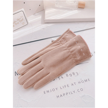 Gloves Spring and Autumn Womens thin and velvet thick driving students riding electric cars Han Tian cute touch screen to keep warm winter