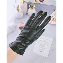 Leather gloves ladies warm in winter plus velvet padded students winter winter cold riding driving touch screen cute Korean version