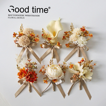 Champagne Gold peony corsage flower wrist flower groom bride flower bridal flower bridesmaid hand flower wedding ceremony Festival photography Red