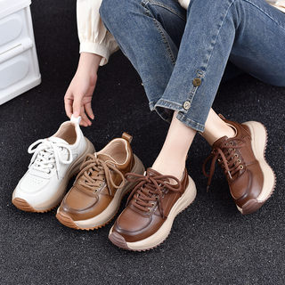 Genuine Leather Casual Shoes for Women, Thick-Soled, 2026 Spring and Autumn New Retro Style, Comfortable Soft-Soled Sneakers