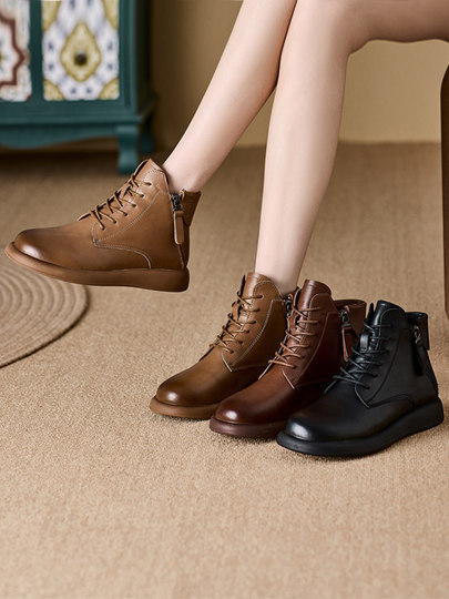 Genuine Leather Boots for Women 2025 New Soft Leather Boots Spring and Autumn Single Boots Flat Casual Autumn and Winter Fleece-Lined Short Boots