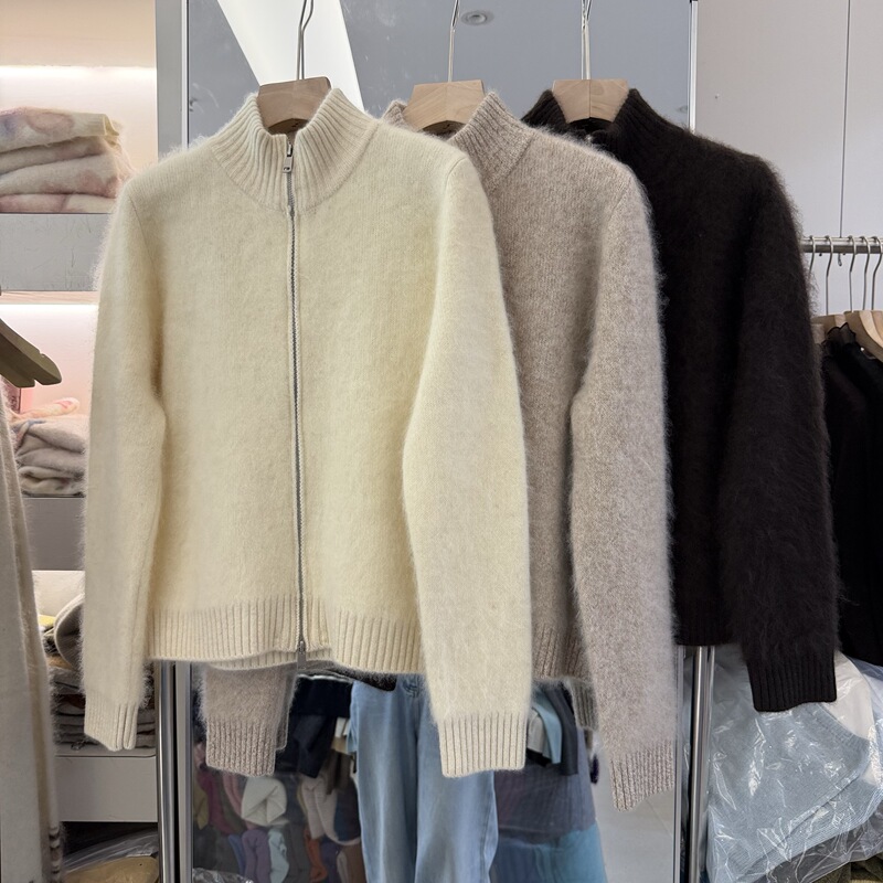 European Station 26 Autumn/Winter New Cashmere Wool Lazy Minimalist Regular Solid Color Zipper Stand Collar Sweater Jacket for Women