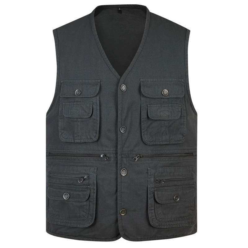 Nhiếp ảnh mới cổ chữ V câu cá bố mùa thu cotton nhiều túi vest vest vest nam cao tuổi bộ vest nam cho người trung tuổi