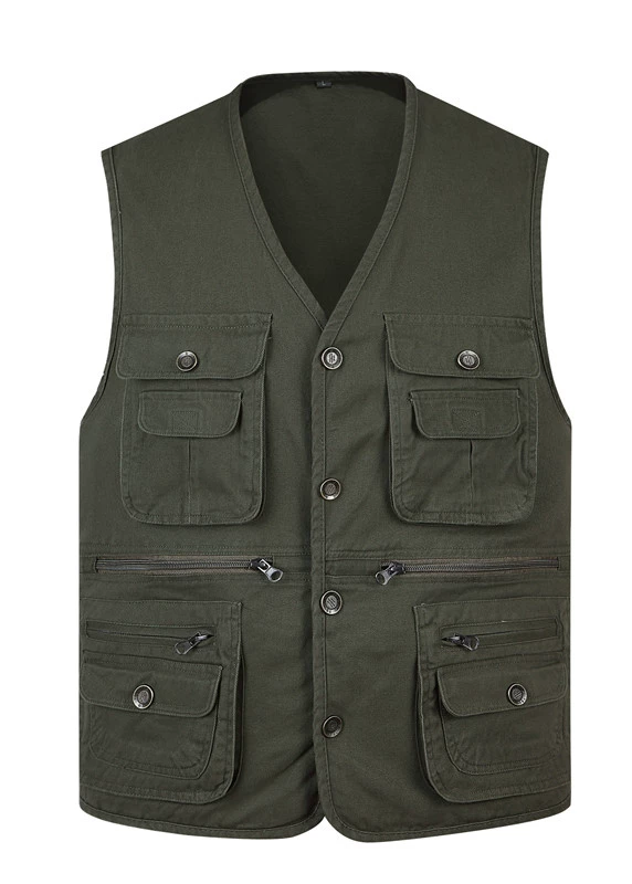 Nhiếp ảnh mới cổ chữ V câu cá bố mùa thu cotton nhiều túi vest vest vest nam cao tuổi bộ vest nam cho người trung tuổi