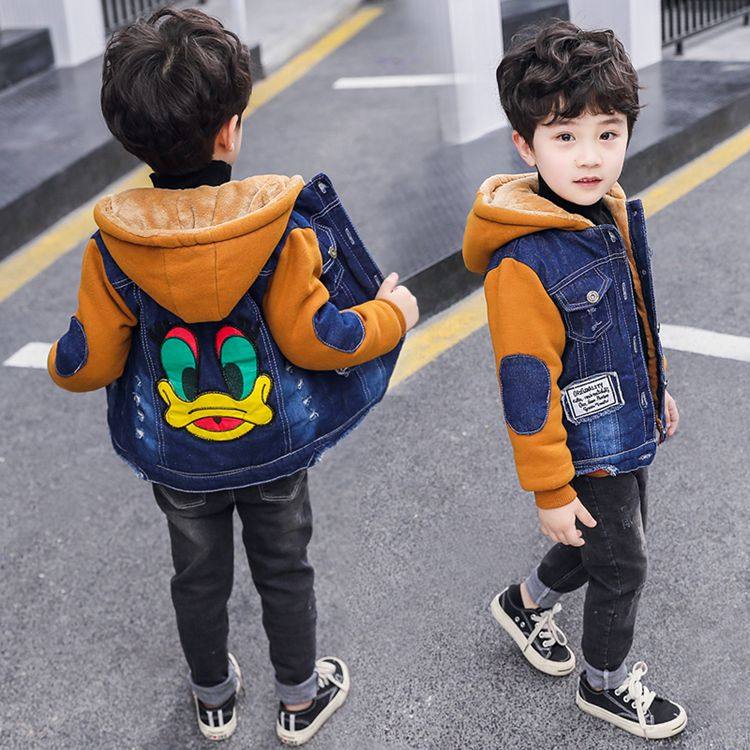 Boys denim plus fleece jacket 2022 winter new thickened children's baby 1-6 years old trendy children's clothing children's tops