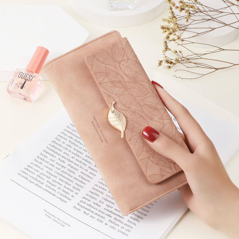 Wallet female niche design wallet female long version 2021 new niche design simple retro frosted leaf ladies