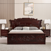 1 8 m solid wood bed double bed new Chinese furniture log master bedroom storage antique carved big bed pineapple grid