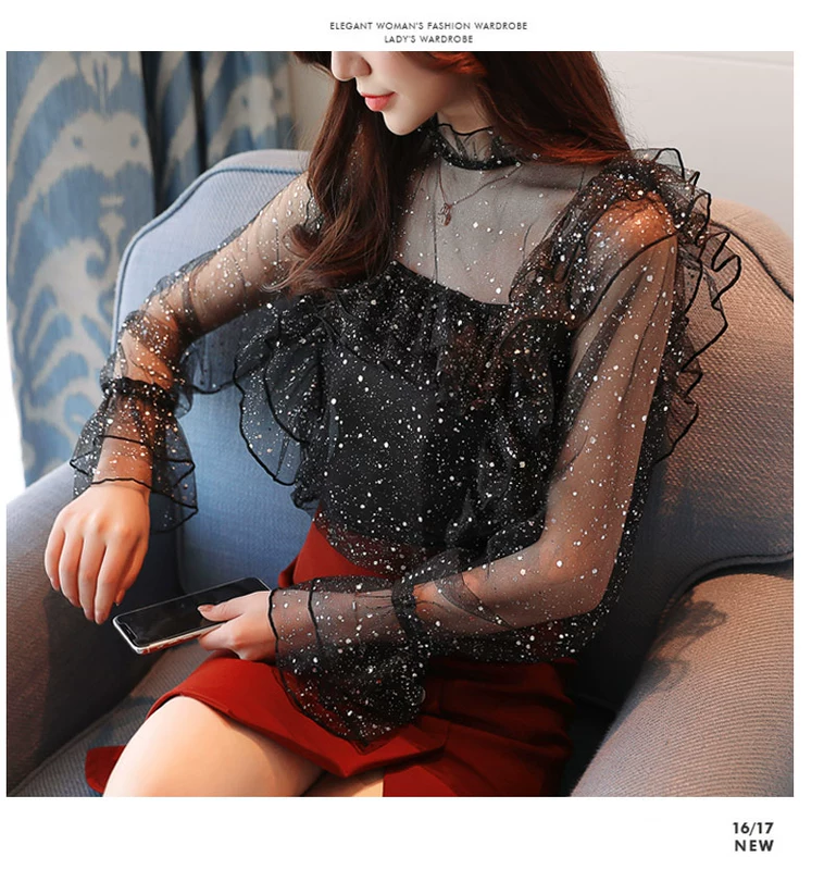 Mùa thu siêu cổ tích Starry Chiffon Áo sơ mi nữ dài tay Sexy phối cảnh lưới chạm đáy áo thời trang Quần áo ren áo sơ mi nữ hàn quốc
