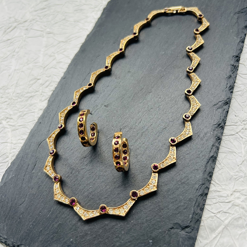 Vintage Vintage Jewelry Rose Red Rhinestone Geometric Ear Clips Necklace Sweater Chain